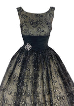 Late 1950s to Early 1960s Black Flocked Chiffon Party Dress- New!