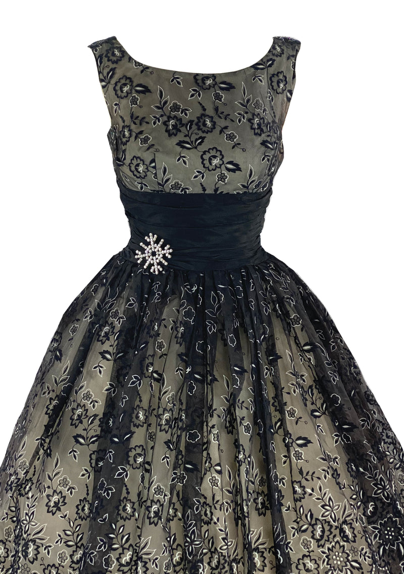 Late 1950s to Early 1960s Black Flocked Chiffon Party Dress- New!