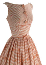 Vintage 1950s Embroidered Coral & White Stripes Dress- New!