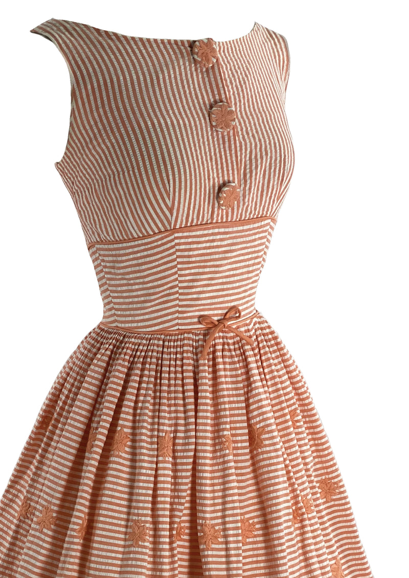 Vintage 1950s Embroidered Coral & White Stripes Dress- New!