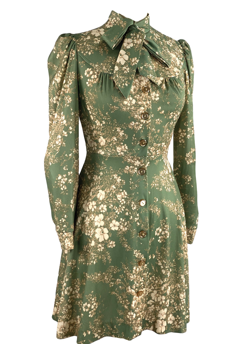 Vintage 1970s Olive Green Floral Mini Dress- NEW!