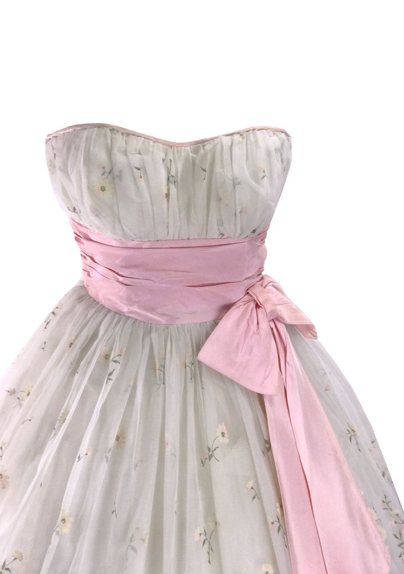 1950s Ivory and Pink Garland Flocked Party Dress - New!