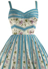 1950s Printed Blue Ribbon Stripes and Violets Dress- New!