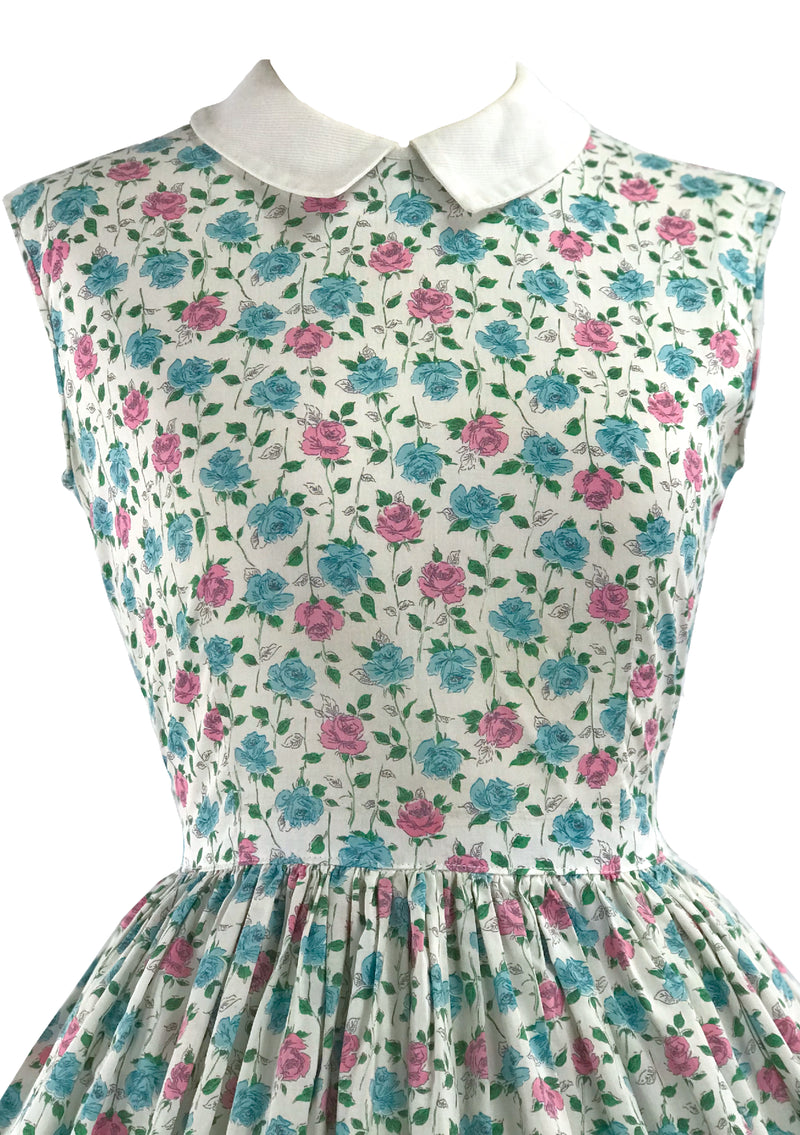 Vintage 1950s Pink and Blue Roses Floral Cotton Dress - New! (ON HOLD)