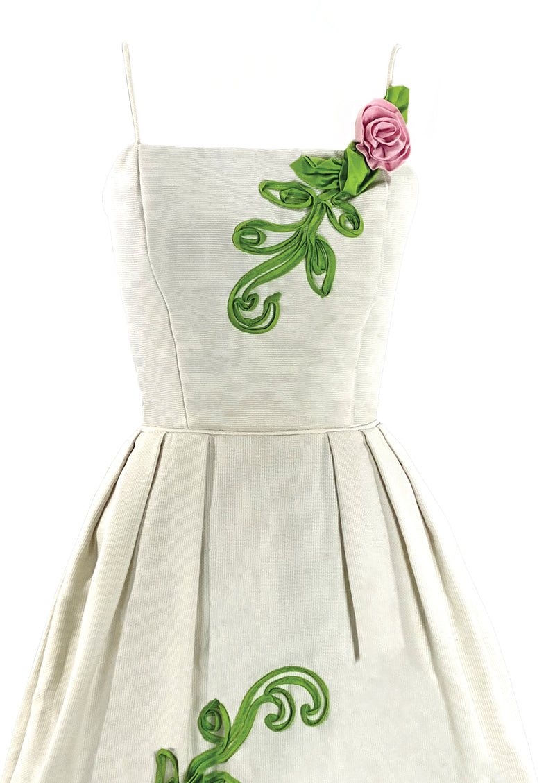 Early 1960s White Piqué With Pink 3D Rose Appliqués Dress- New!