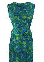 Early 1960s Blue and Green Abstract Print Silk Dress - NEW!
