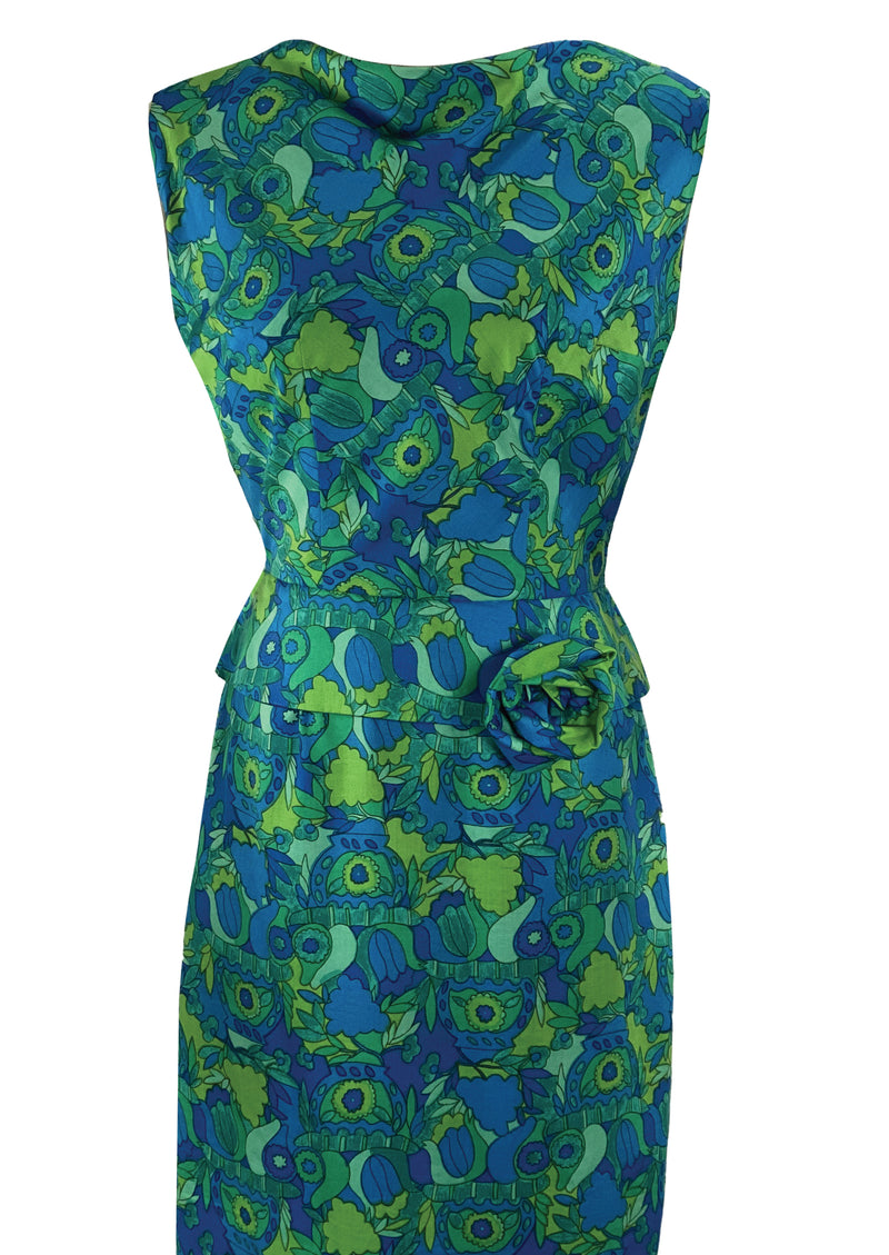 Early 1960s Blue and Green Abstract Print Silk Dress - NEW!