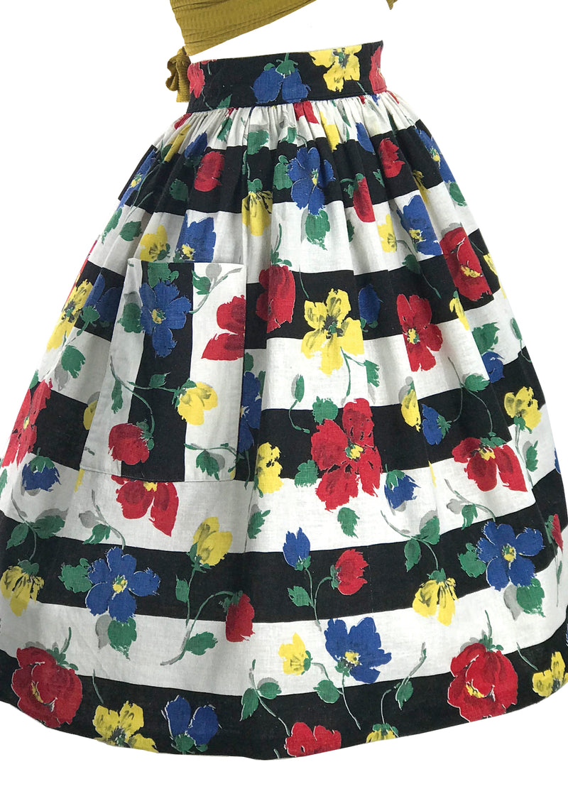 Eye-catching Vintage 1950s Floral Stripe Woven Cotton Skirt - New!