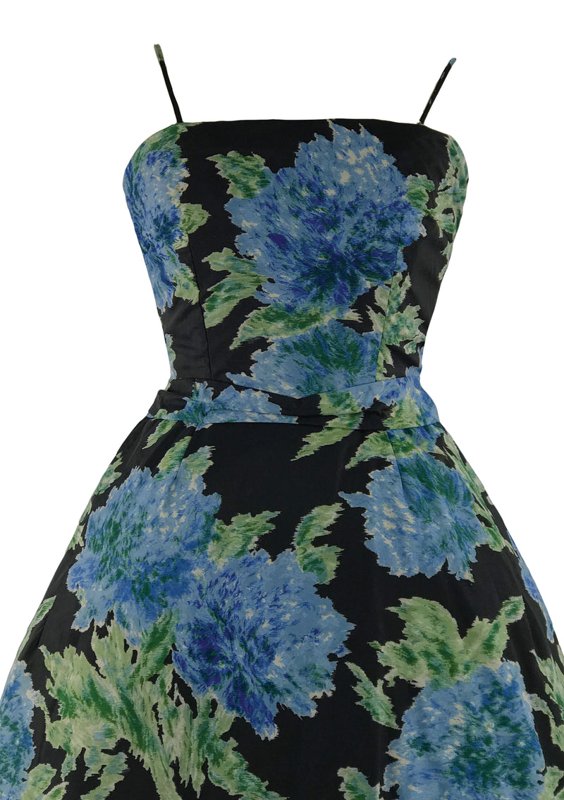 1950s Muted Blue Roses Taffeta Party Dress- New!