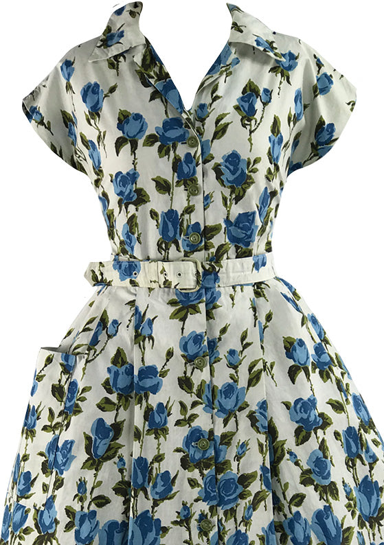 Vintage 1950s Blue Roses Border Print Cotton- New!