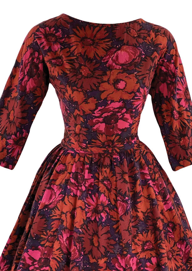 Vintage Late 1950s Early 1960s Magenta & Purple Floral Dress- New!