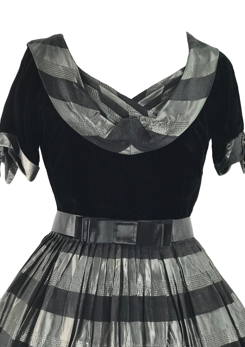 Late 1940s Black Velvet & Silver Striped Taffeta Dress- New!