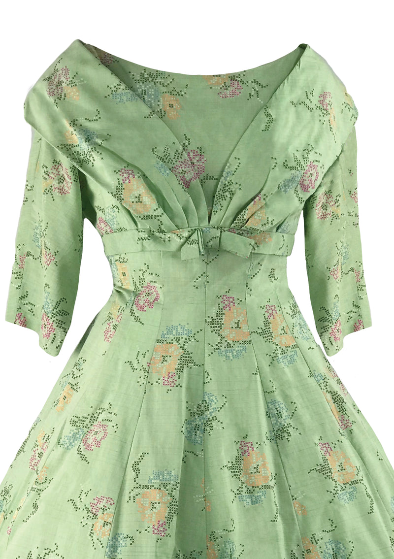 1950s Pistachio Green Cotton Floral Dress- New! (RESERVED)