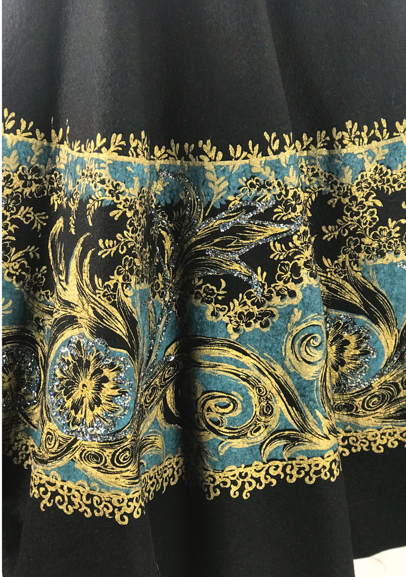 Vintage 1950s Black Painted Wool Felt Skirt - New!