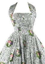 Vintage 1950s Designer Floral Halter Cotton Dress- New!