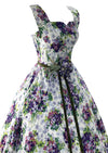 Stunning 1950s Violet Sprays Cotton Designer Dress with Rhinestones - New!