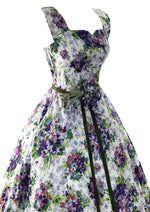 Stunning 1950s Violet Sprays Cotton Designer Dress with Rhinestones - New!