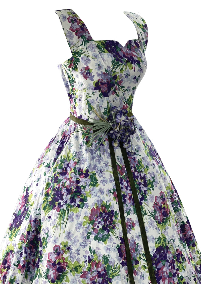 Stunning 1950s Violet Sprays Cotton Designer Dress with Rhinestones - New!