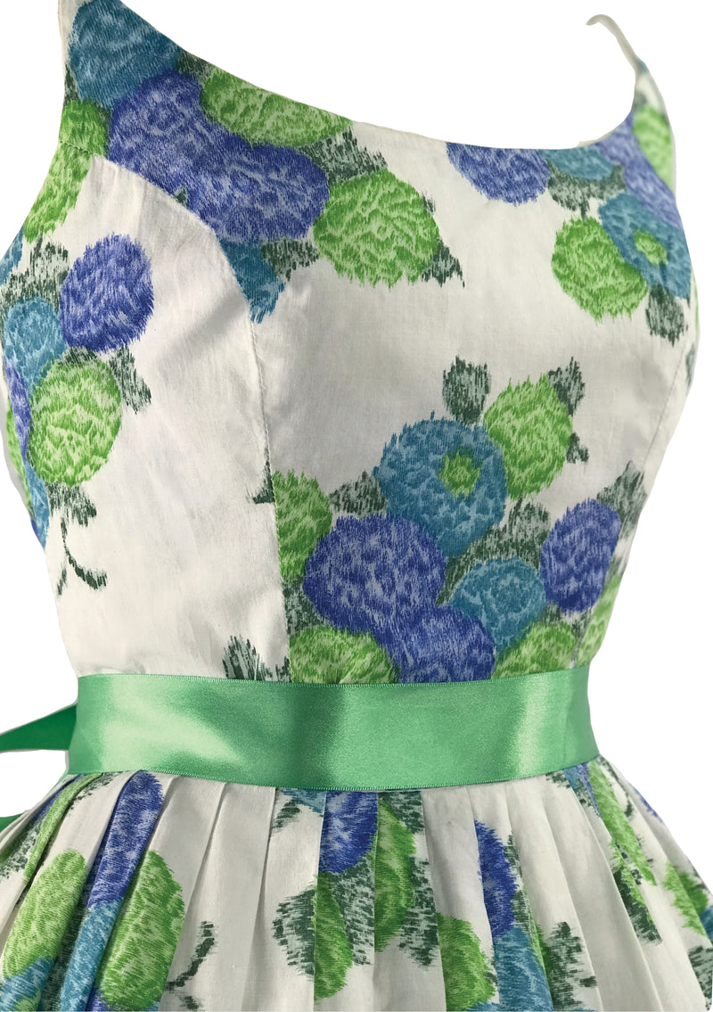 Vintage 1950s Blue Green Geranium Sprays Cotton Dress - New!