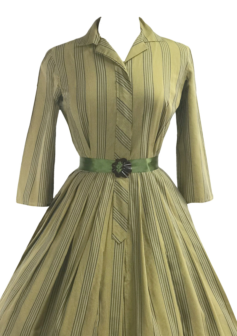 Late 1950s Sage Green Ticking Stripe Cotton Dress- New!