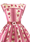 Vintage 1950s Pink Carnations & Stripes Cotton Dress - New!