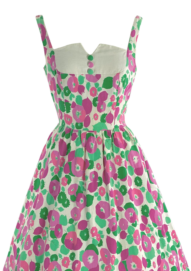 Late 1950s Early 1960s Pink and Jade Floral Cotton Sundress- New!