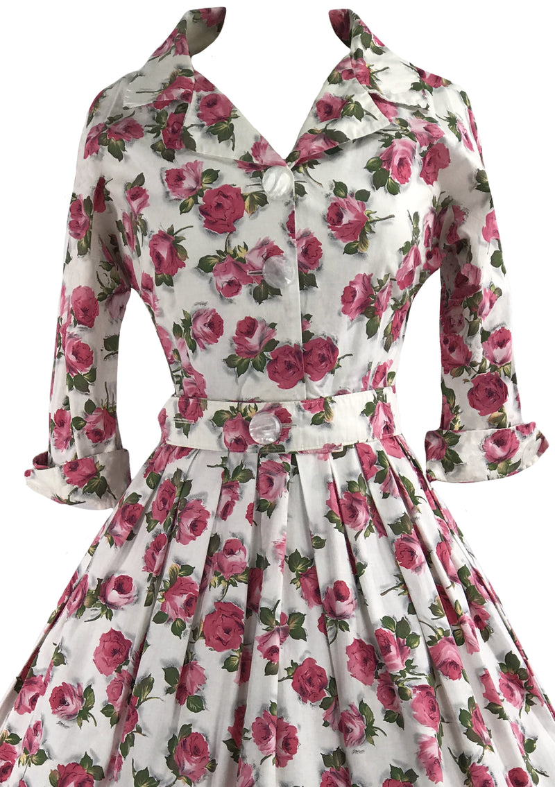Vintage 1950s Deep Prink Rose Print Cotton Dress- New!