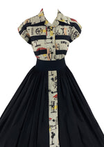 Stunning 1950s Black Primitive Art Print Cotton Dress - NEW!