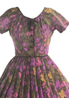 Vintage 1950s Chocolate, Purple & Pink Floral Dress  - New!