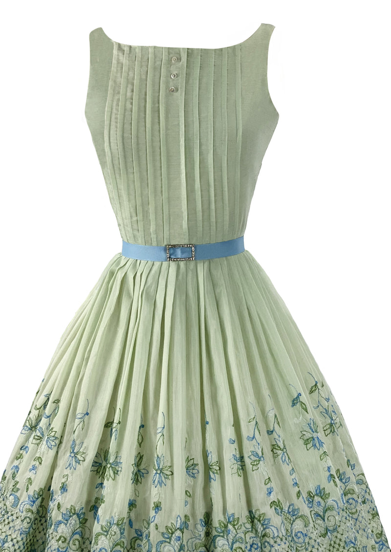 Vintage Late 1950s Early 1960s Green Embroidered Dress- New!