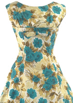 Lovely 1950s Turquoise Roses Cotton Dress- New!