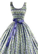 Glorious 1950s Blue Rose Print Cotton Dress - New!