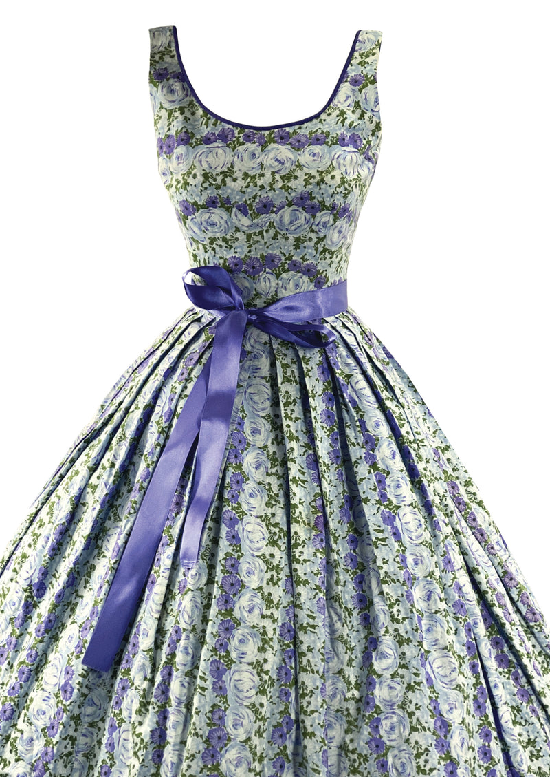 Glorious 1950s Blue Rose Print Cotton Dress - New!