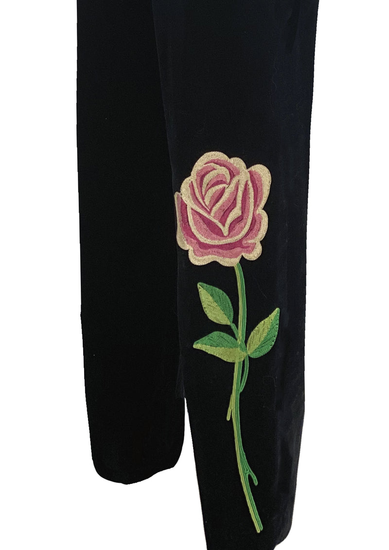 Vintage 1950s Black Cotton Velvet Rose Applique Slacks- New!