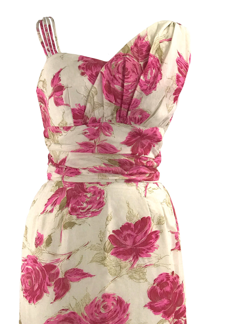 Vintage 1950s Vibrant Pink Roses Silk Asymmetrical Dress- New!