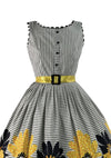 1950s B&W Stripe Sunflower Border Print Dress- New!