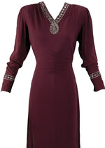 Stylish 1940s Burgundy Crepe Gown with Rhinestones and Beads- New!