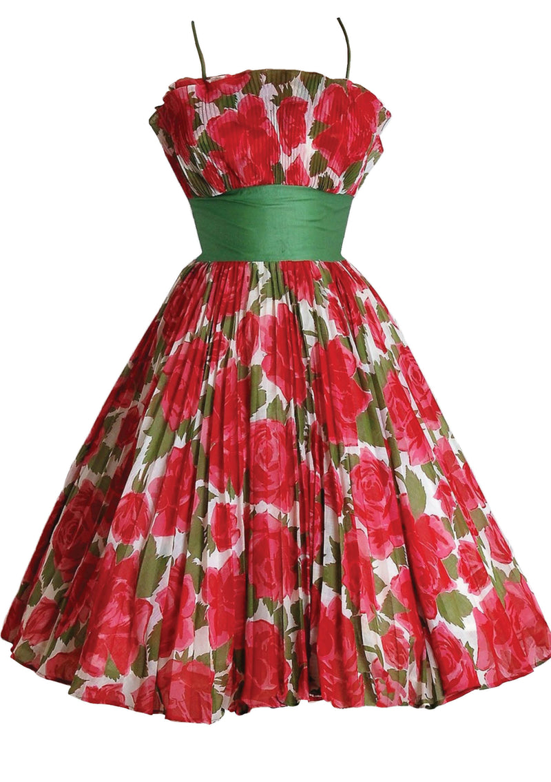 Early 1960's Red & White Roses Print Cotton Party Dress - New!