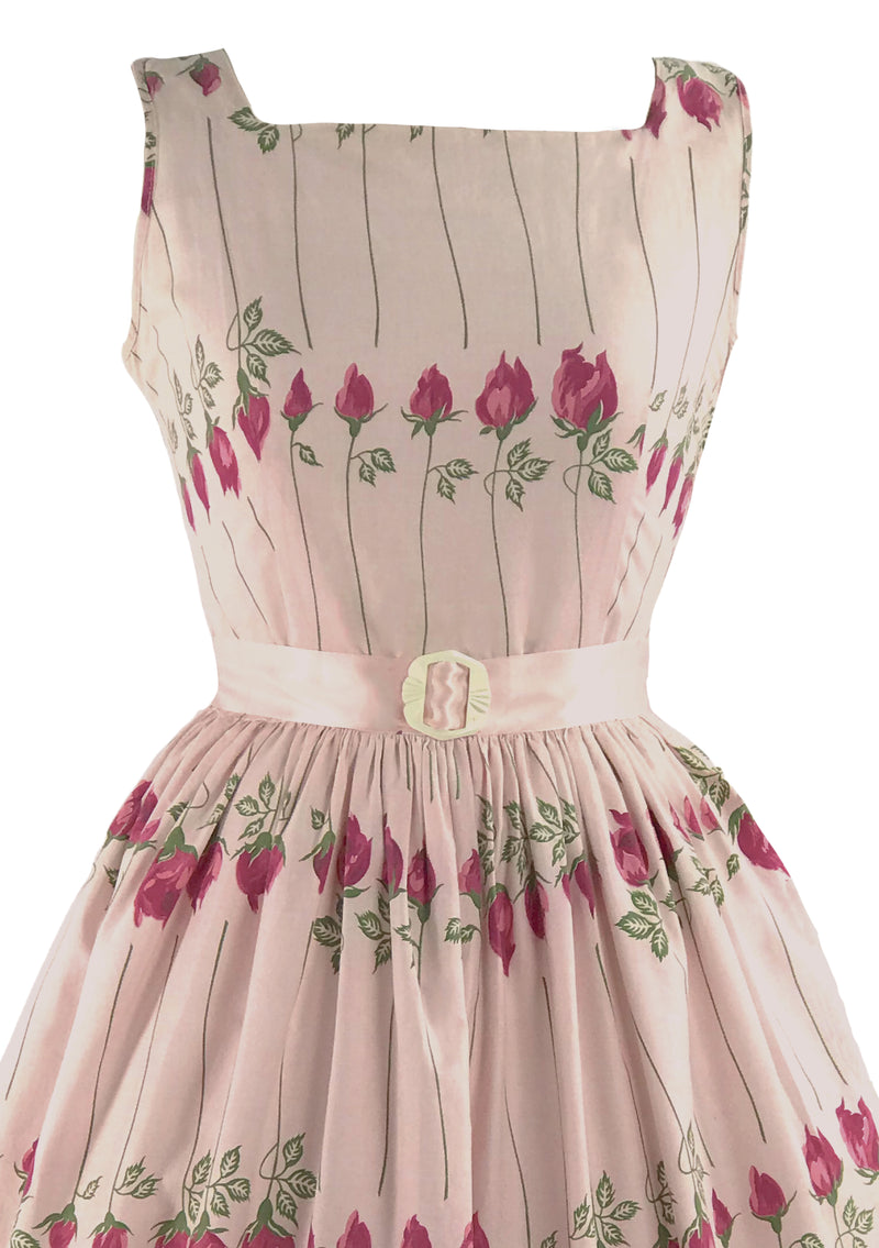 Vintage 1950s Pink Long Stem Roses Cotton Dress- New!