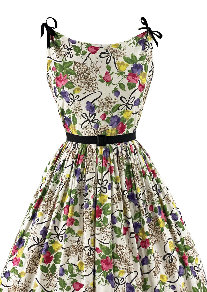 Vintage 1950s Sweet Peas and Ribbon Print Cotton Dress - New!