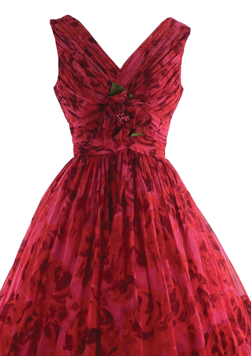 Stunning 1950s Red Rose Organza 3D Party Dress - New!