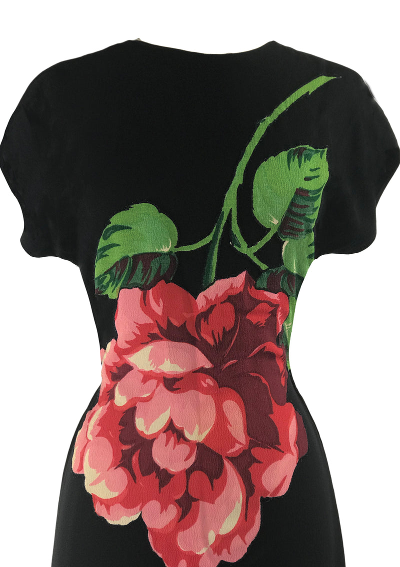 Rare 1940s Black Dress with Huge Rose Appliqué - New!
