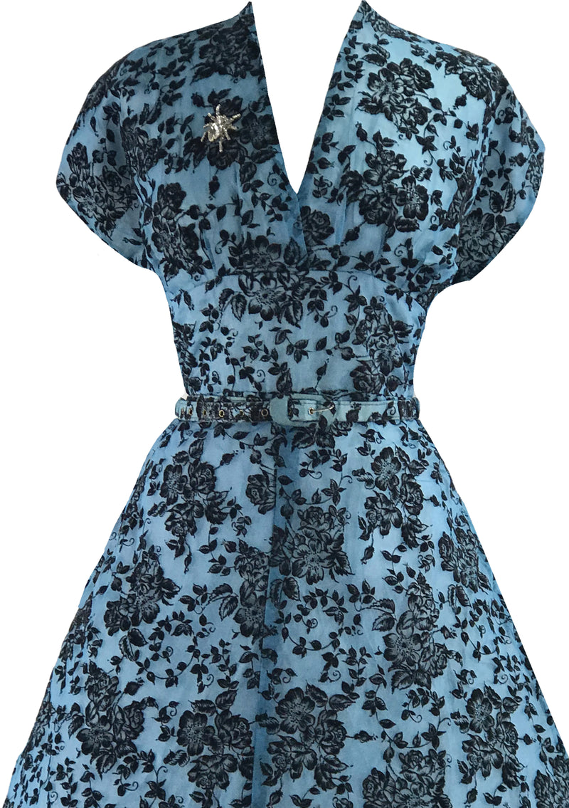 Vintage 1950s Blue Flocked Cocktail Dress- New!
