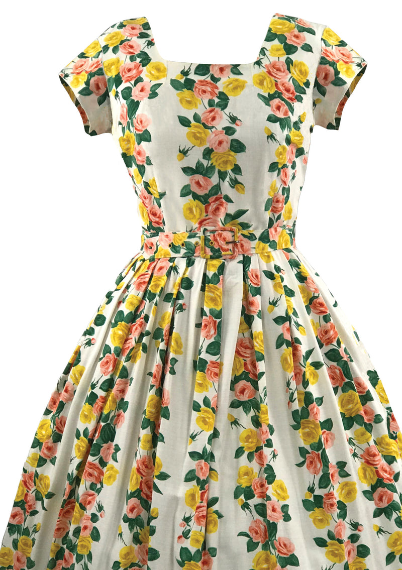 Late 1950s Pink and Gold Roses Cotton Dress - New!