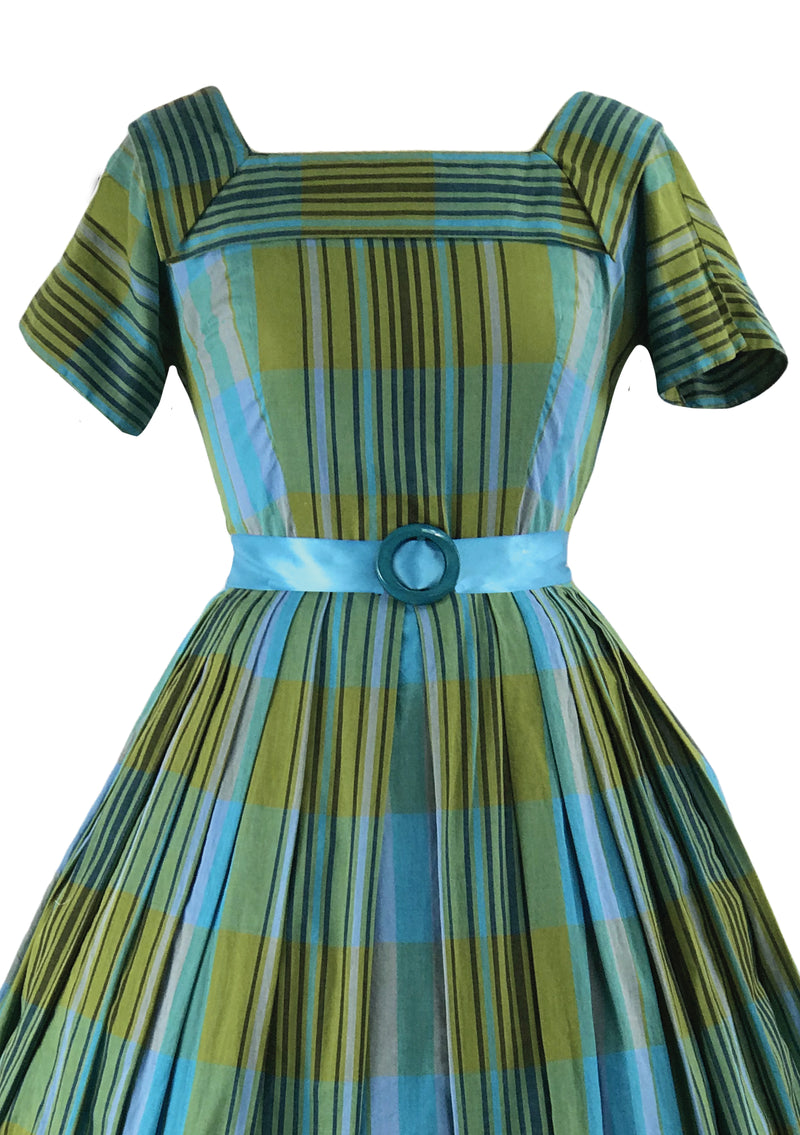 Vintage 1950s Blue Green Plaid Cotton Dress- New!