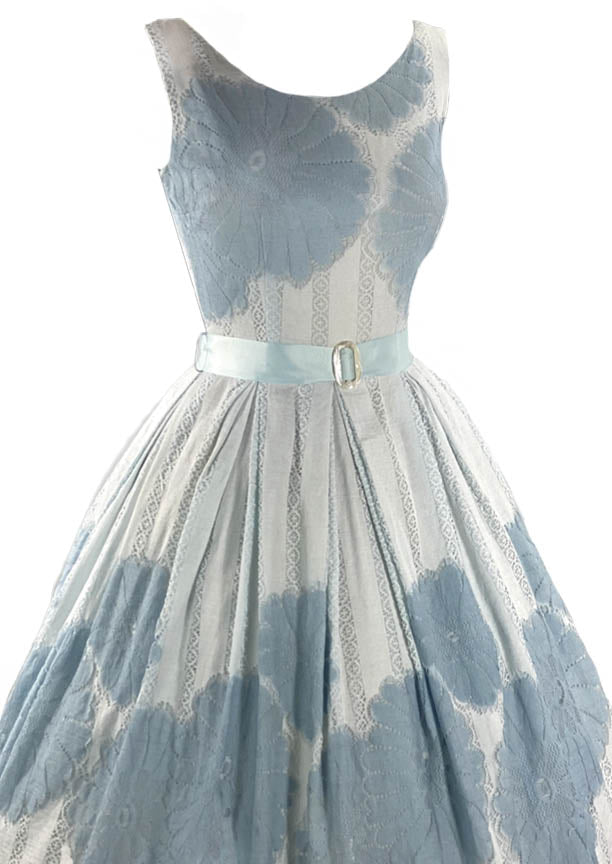 Vintage 1950s Muted Blue and White Cotton Dress- New!