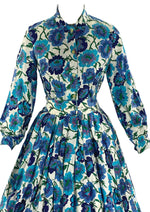 Late 1950s to Early 1960s Blue Floral Cotton Dress- New!