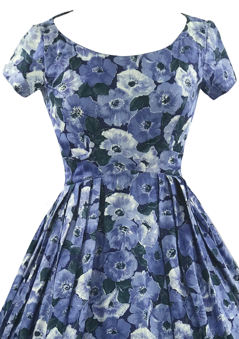 Late 1950s Early 1960s Blue Anemone Print Cotton Dress - New!