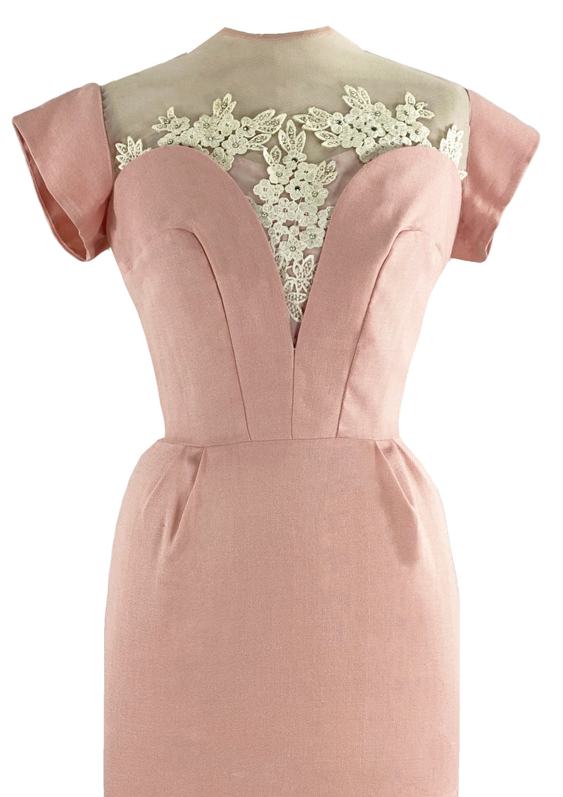 1950s Designer Pink Linen Applique Wiggle Cocktail Dress- New!