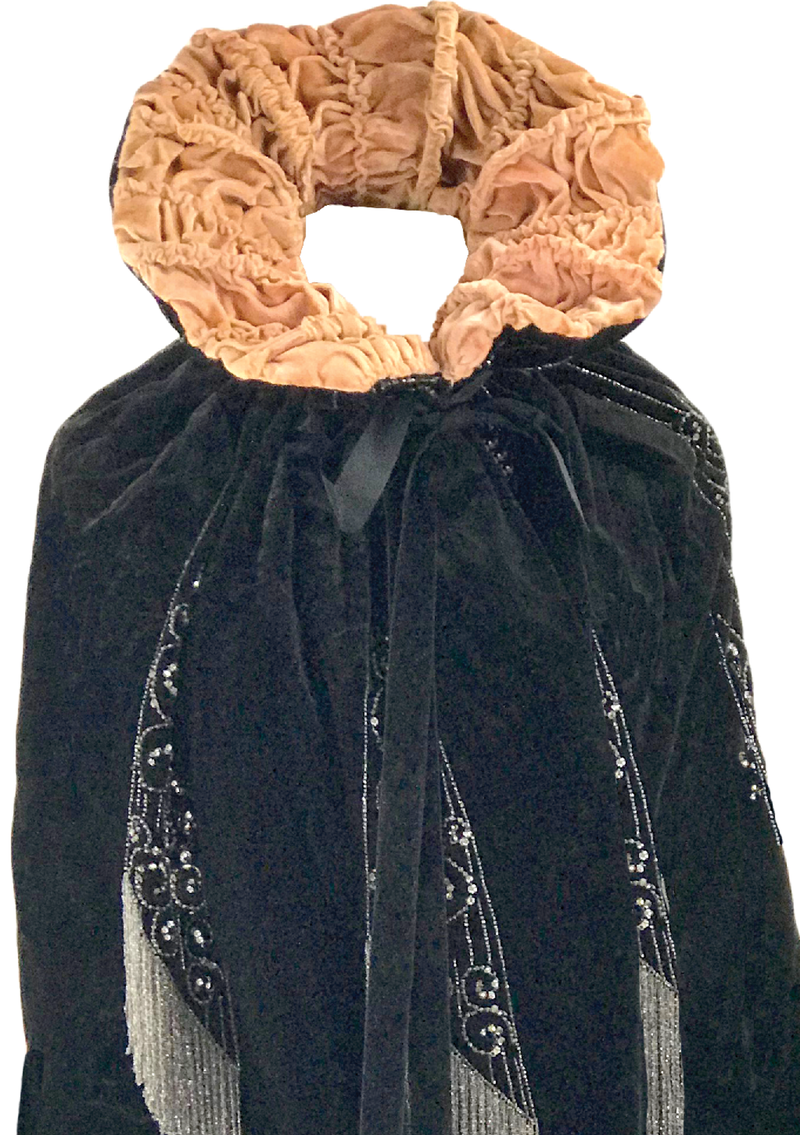 Vintage 1920s Rhinestone Studded Black Silk Velvet Cape - New!
